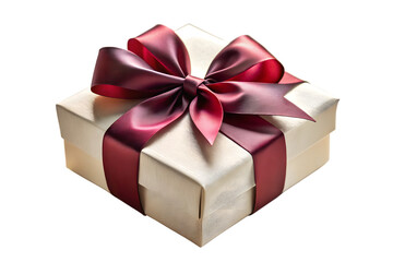 Obraz premium A sophisticated creamcolored gift box elegantly wrapped with a rich burgundy ribbon and a perfectly tied bow, isolated on a stark transparent background for a refined presentation