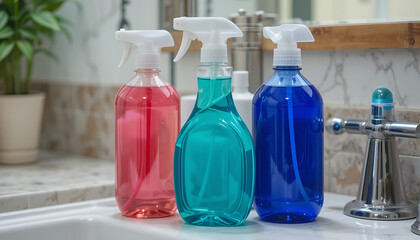 Trio of Colorful Cleaning Product Bottles on a Shiny Sink Counter