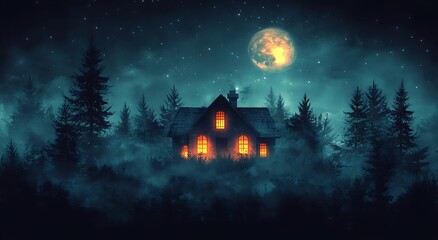 Fototapeta premium Cozy cabin in foggy forest under a large full moon house woods