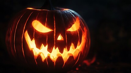 Fototapeta premium Spooky jack o lantern with glowing orange face in darkness