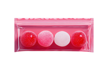 Colorful Sugar-Coated Candies in Transparent Pink Packaging on Transparent Background