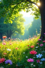 Obraz premium A vibrant spring meadow bursting with wildflowers, sunshine dappling through leaves, a gentle breeze rustling through the grass; carefree, idyllic, and full of life , natural, countryside