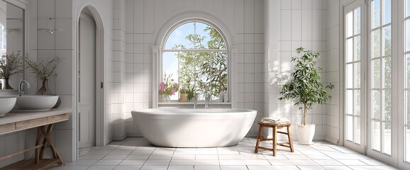 Elegant White Bathroom Design Modern Freestanding Tub Natural Light spa home calm sink decor relax  