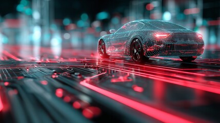 Futuristic Wireframe Electric Car Digital Art Modern Technology Background red grid blue dark neon  