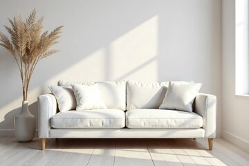 Cozy domestic white interior scene featuring a plush white sofa, soft lighting, and fluffy white cushions Perfect for home decor, interior design, and lifestyle concepts , texture, style, serene