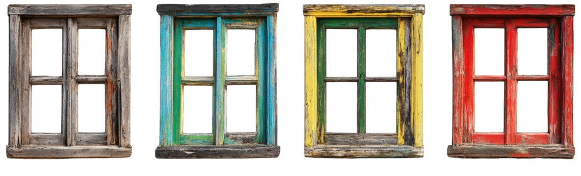 Four Weathered Wooden Window Frames In Different Colors Isolated On A Transparent Background The Frames Are All In Various States Of Disrepair With Peeling Paint And Cracks They Are All The Same Size