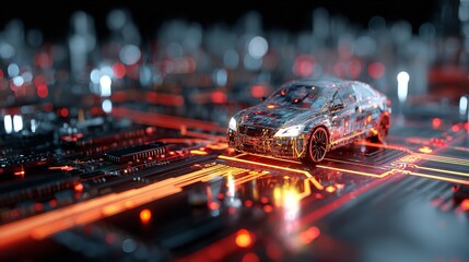 Futuristic Electric Car on Circuit Board Digital Art Technology red chip auto dark lines speed power