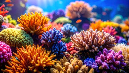 Fototapeta premium Underwater Coral Reef Ecosystem Bursting with Vibrant Colors and Diverse Marine Life, Captivating Close-Up View of a Thriving Coral Community