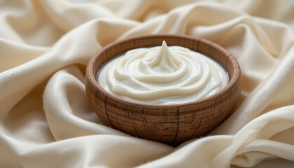 Wooden Bowl of White Cream Nestled in Silk Folds