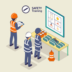 Engineer conducts safety training in isometric view, educating factory workers on PPE usage and best practices for workplace safety compliance.