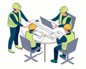 Construction site office meeting with engineers and staff discussing building floor plans using laptops, blueprints, and technical documents on the table.