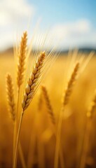 Fototapeta premium Golden barley stalks sway gently in the summer breeze, ready for harvest Sunlit field, ripe grains, agricultural scene, rural landscape, abundant crop , countryside, texture