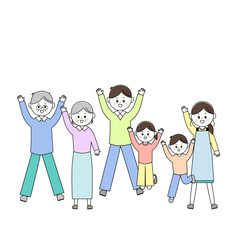 一緒にジャンプする三世代家族のイラスト