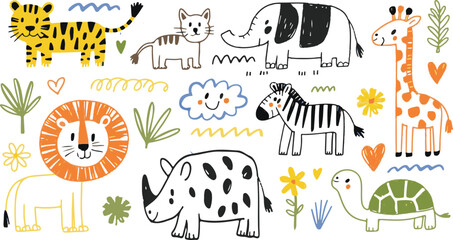 Fototapeta premium Kids Animal Doodle Set – Hand Drawn African Cartoon Animals in Cute Childish Scribble Style
