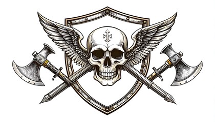 Winged skull emblem with crossed axes behind a shield (1)