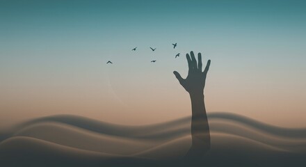 Silhouette of a hand reaching for birds in a surreal landscape, evoking freedom and hope