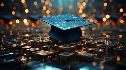 Digital Graduation Cap Abstract Dark Blue Gold Cubes Technology 3D Art Shiny Image Future Degree    