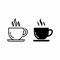 Obraz premium Two stylized coffee cup icons, one outlined, the other solid black, with steam.