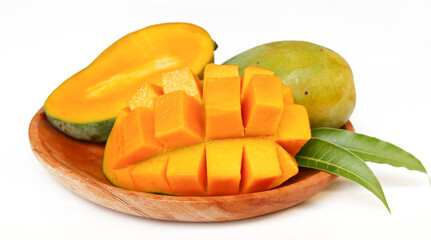 Fresh organic mango with leaves isolated clipping path. Mango macro studio photo
