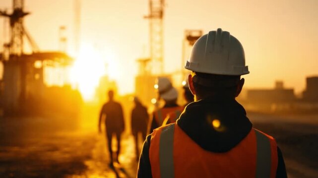 Construction Crew in Warm Light: A construction crew in high-visibility vests and hard hats walks towards the setting sun, silhouetted against the golden light