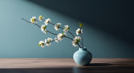 Blooming Cherry Branch in Vase on Wooden Table with Shadow