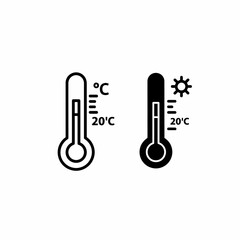 Two stylized thermometer icons displaying a temperature of twenty degrees Celsius, one with a sun symbol.