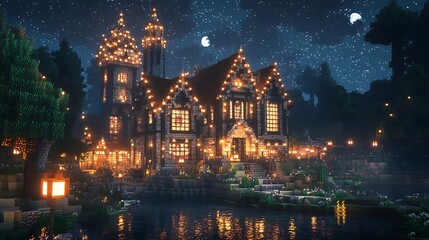 Obraz premium Enchanting fairytale castle illuminated at night with glowing windows and lanterns