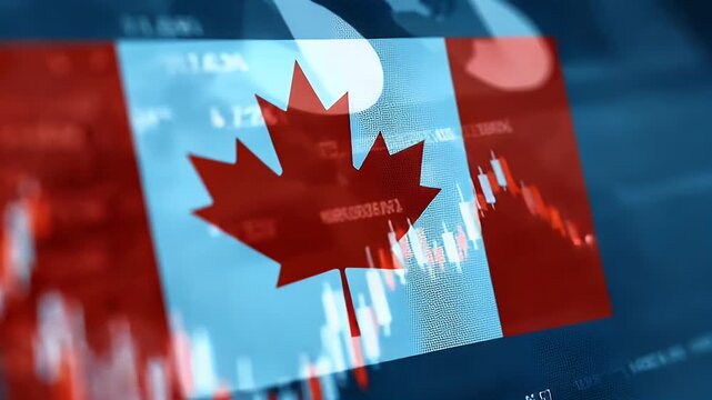 Canadian flag on a digital screen with stock market charts, representing the global environment for Canada's financial landscape.


