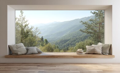 Serene Mountain View Window Seat Cozy Home Design Peaceful Relaxation Interior Design Modern        