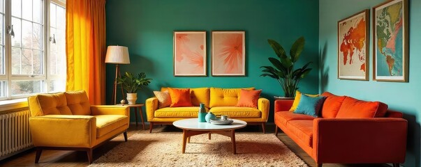Stylish mid-century modern swing interior design, featuring vibrant colors and iconic furniture Perfect for design blogs, magazines, and home decor websites , apartment, lamps, design