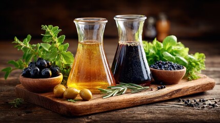 Olive oil and balsamic vinegar displayed on a wooden board.