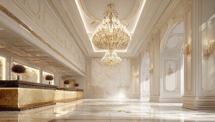 Luxury Hotel Lobby Interior Design Elegant Gold White Marble Chandeliers art rich room grand space  