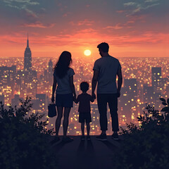 Family Silhouette at Dusk, Watching City Lights