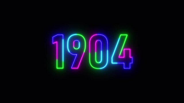 1904 neon line text. Abstract 1904 neon text animation ,For neon color Glowing neon number text background 4k video animation .Digital font against a dark background with neon line looping animation.