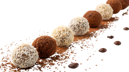 Assortment of gourmet chocolate truffles arranged in a diagonal line on a dark background