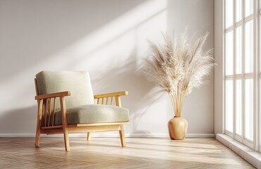 Modern Wooden Armchair Minimalist Room Decor Beige Interior Design home cozy vase calm sofa space   