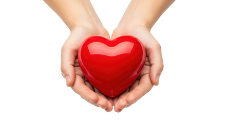 Two gentle human hands carefully cradling a shiny red heart symbol of love and care isolated on transparent background