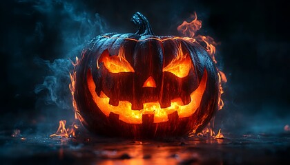 Glowing Jack O Lantern Pumpkin with Orange Flames and Blue Smoke halloween carved
