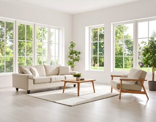 Bright, airy living room with large windows, light beige sofa and armchair, coffee table, and potted plants