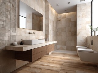 Modern Beige Bathroom Interior Design Luxury Tiles Wood Floor spa sink home warm decor style clean  