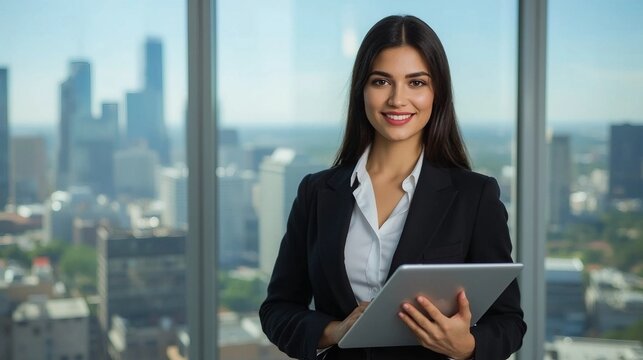 Portrait of young Hispanic professional business woman standing in office. Happy female company executive, smiling businesswoman entrepreneur corporate leader manager looking at camera using tablet - Powered by Adobe
