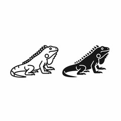 Fototapeta premium Two iguana illustrations, one in outline form and one solid black silhouette, both facing left.