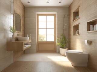Modern Minimalist Bathroom Design Wooden Accents Natural Light Bright Interior Spacious Clean Sink  