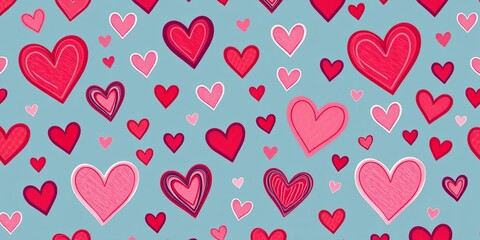 Hand-drawn hearts in playful, romantic seamless pattern Perfect for Valentine's Day & wedding designs,  colorful, seamless