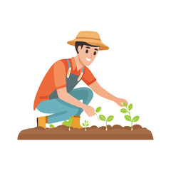 Farmer Planting Seedlings in Soil with Straw Hat and Overalls 1.
