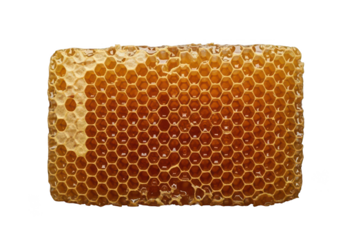 Close up of a honeycomb filled with golden honey against a hexagon