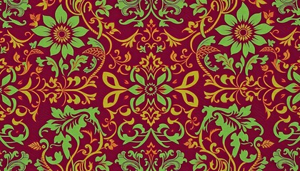 Intricate floral damask textile pattern in rich jewel tones, wallpaper pattern, fashion