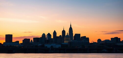 Fototapeta premium Iconic Memphis skyline silhouette at sunset, showcasing its distinctive architecture, background, memphis
