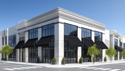 Modern Retail Building Exterior Design Black Awnings Stylish Architecture Commercial Real Estate    