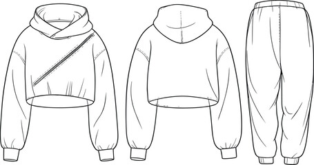 CAD drawing flat vector illustration of cropped hoodie with side zipper and jogger pants, fashion front and back technical sketch
